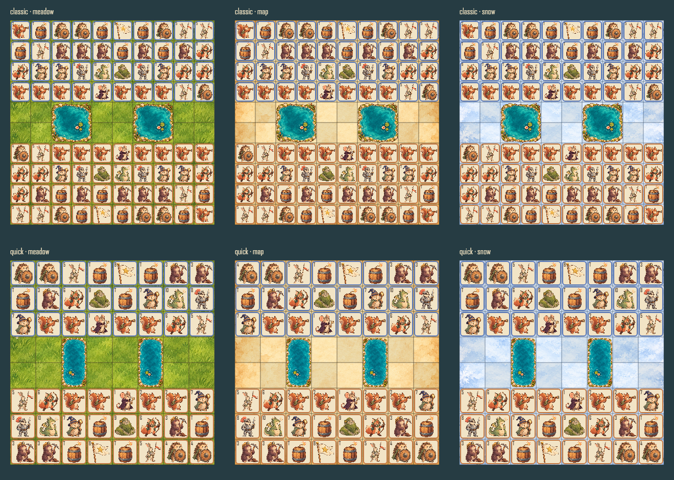 Six board composite samples using actual rules coordinates and approved characters/lakes