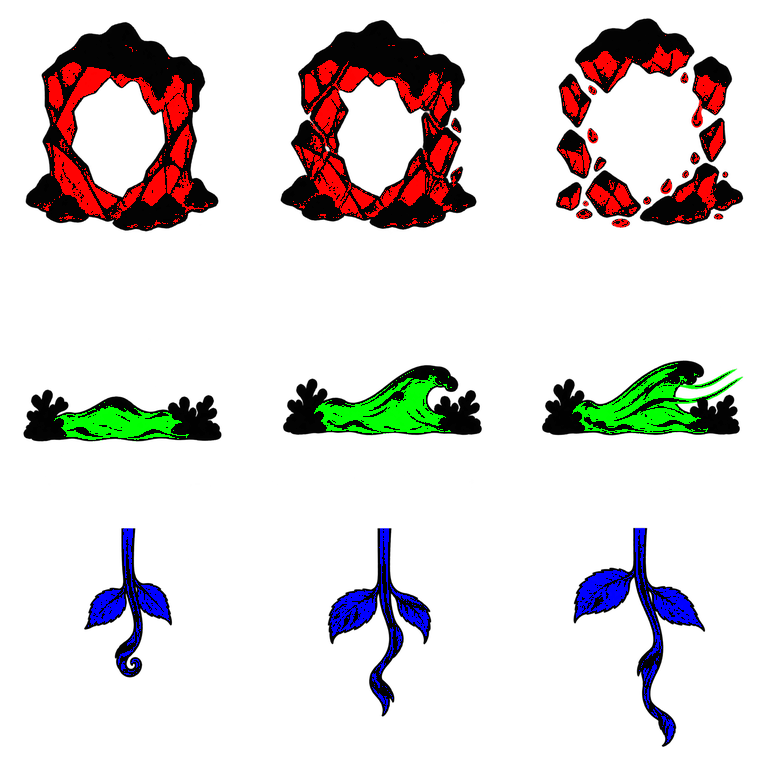 Aligned red ice, green water and blue vine material masks