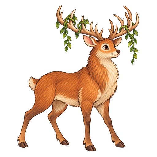Kind giant russet stag with cream chest and green vines tangled around branching antlers