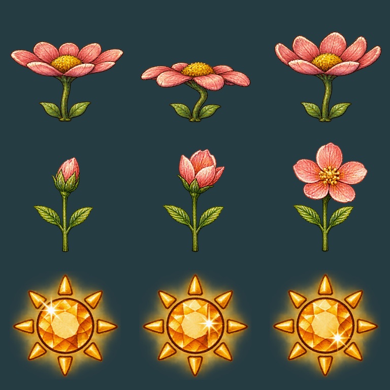 Three spring poses, three flower growth drawings and three sunstone glints