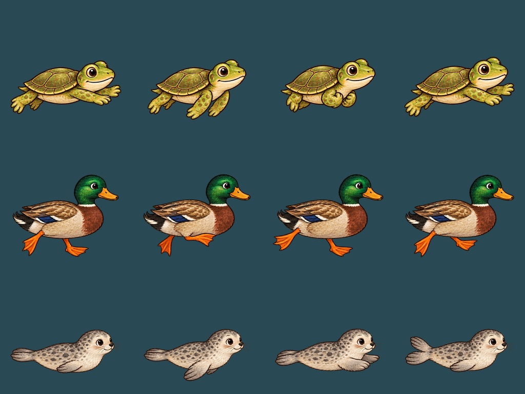 Turtle duck and seal swim drawings