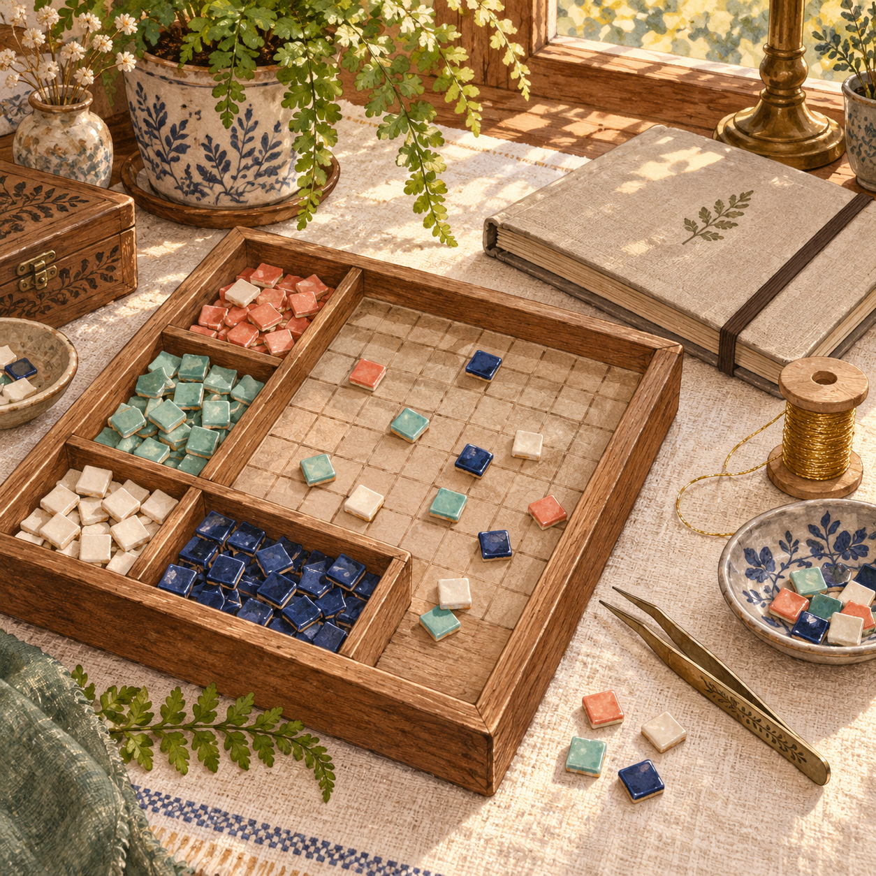 A storybook mosaic workshop with colored tiles