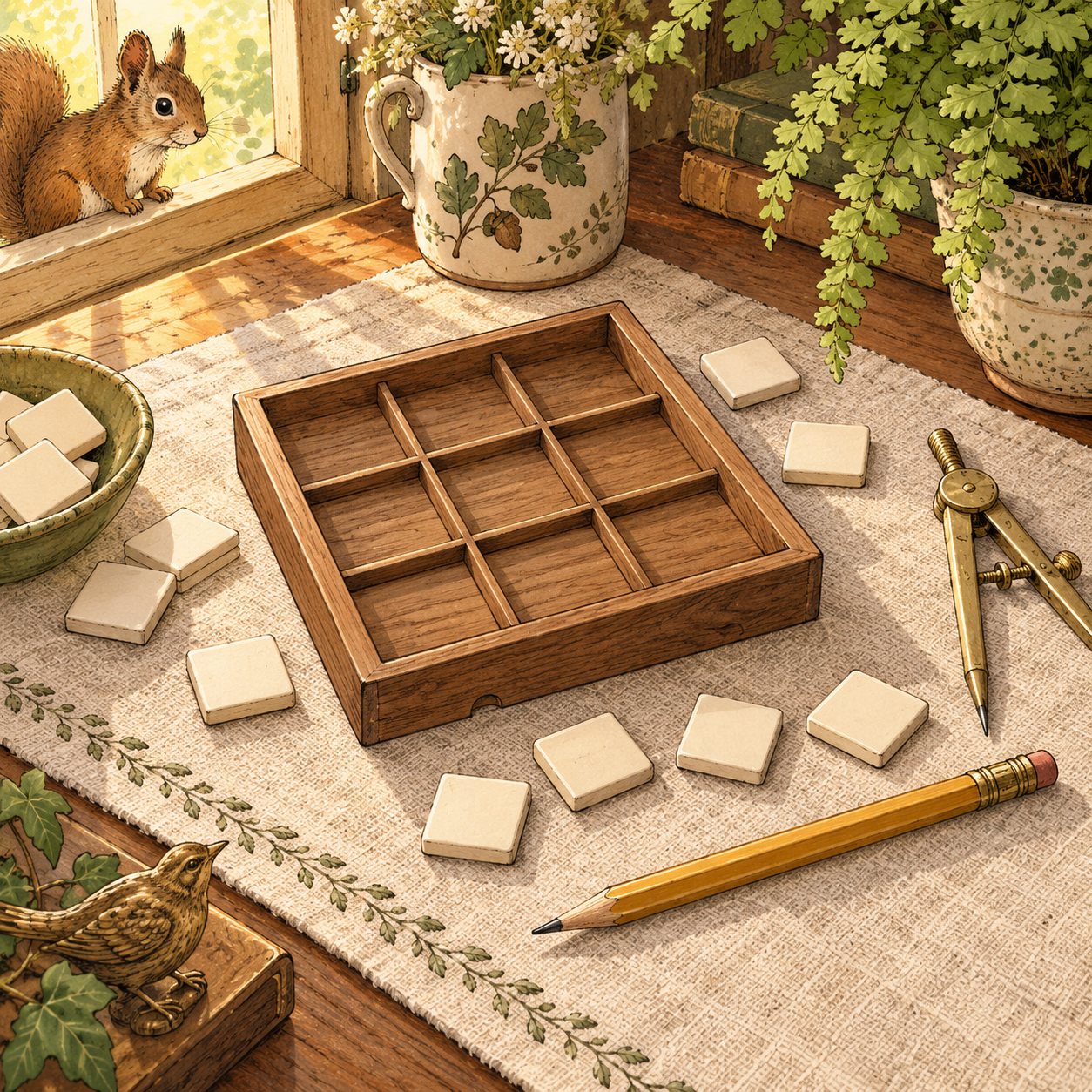 A wooden puzzle tray, pencil and brass desk objects