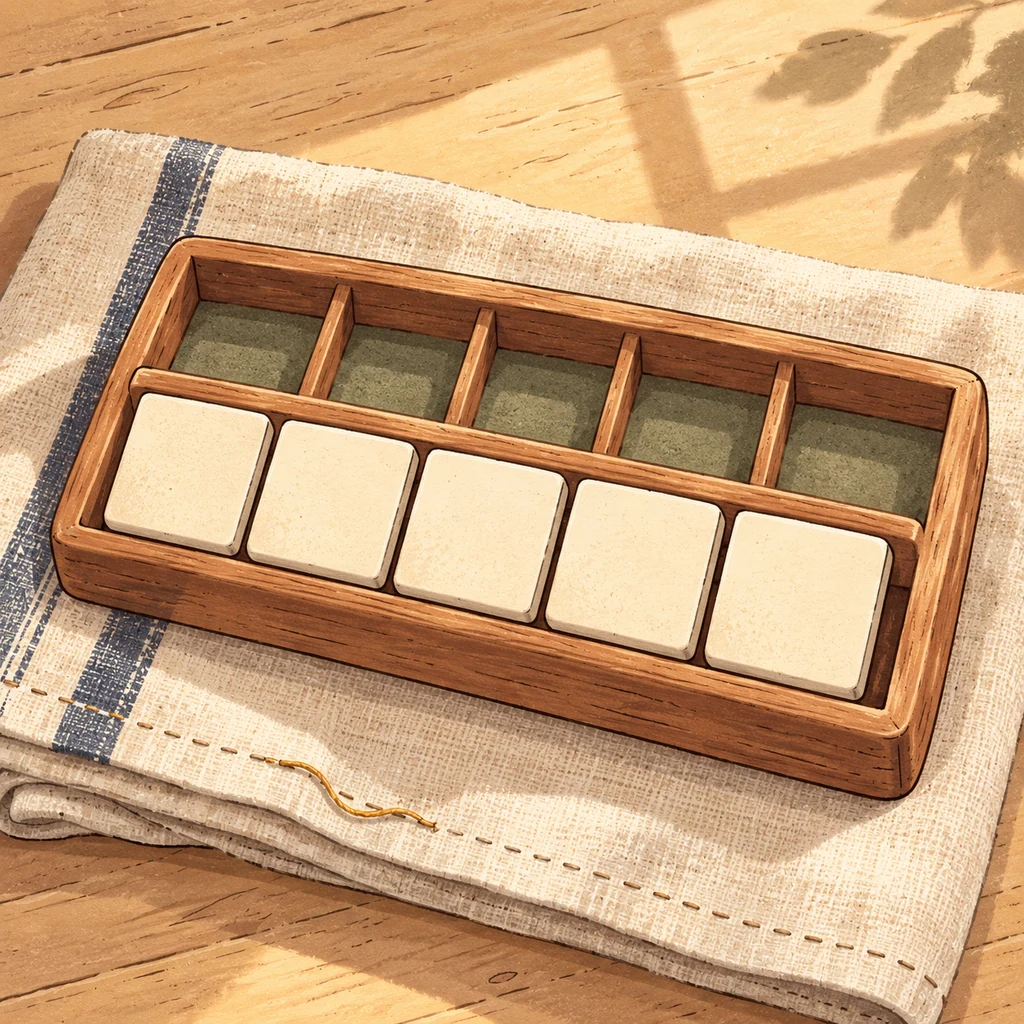 Five ivory letter tiles in a wooden tray on stitched linen