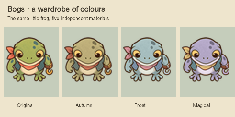 Bogs in a selection of new colour palettes