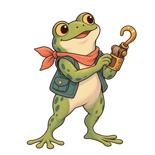 Bogs, a friendly sage-green frog in a coral scarf and teal vest, holding a small brass hookshot.