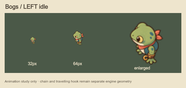 Bogs facing left through idle, aim, launch and braced pull poses, shown at 32 pixels, 64 pixels and enlarged.