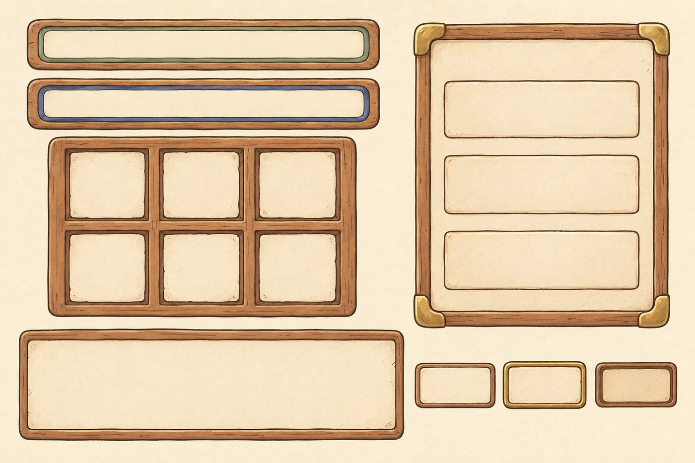 Painted wooden frames: two meters, six inventory slots, a pause menu, a dialogue panel and three button states.