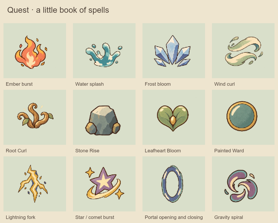 Twelve painted spell effects, from warm flames to a hollow portal
