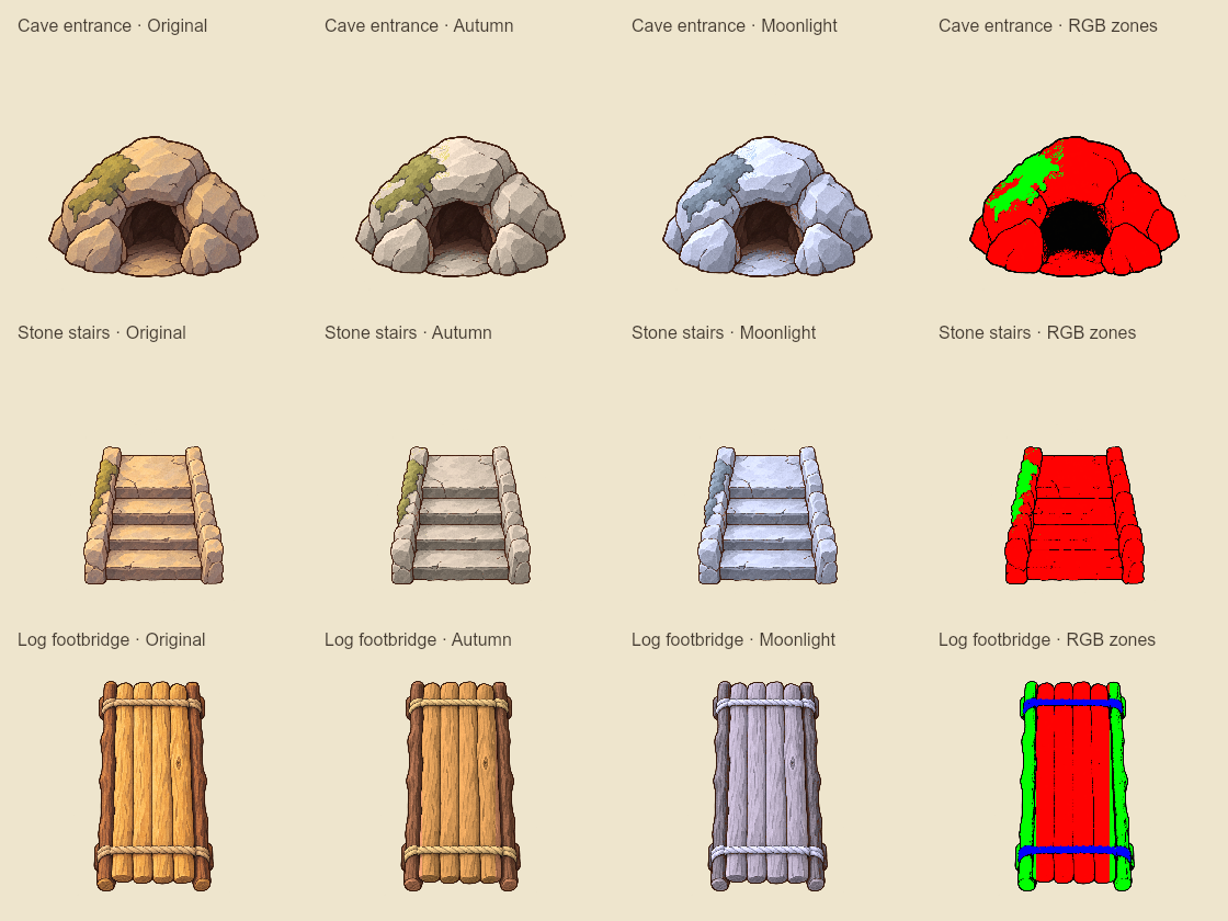 Original, Autumn and Moonlight versions with RGB maps for the cave, stairs and bridge