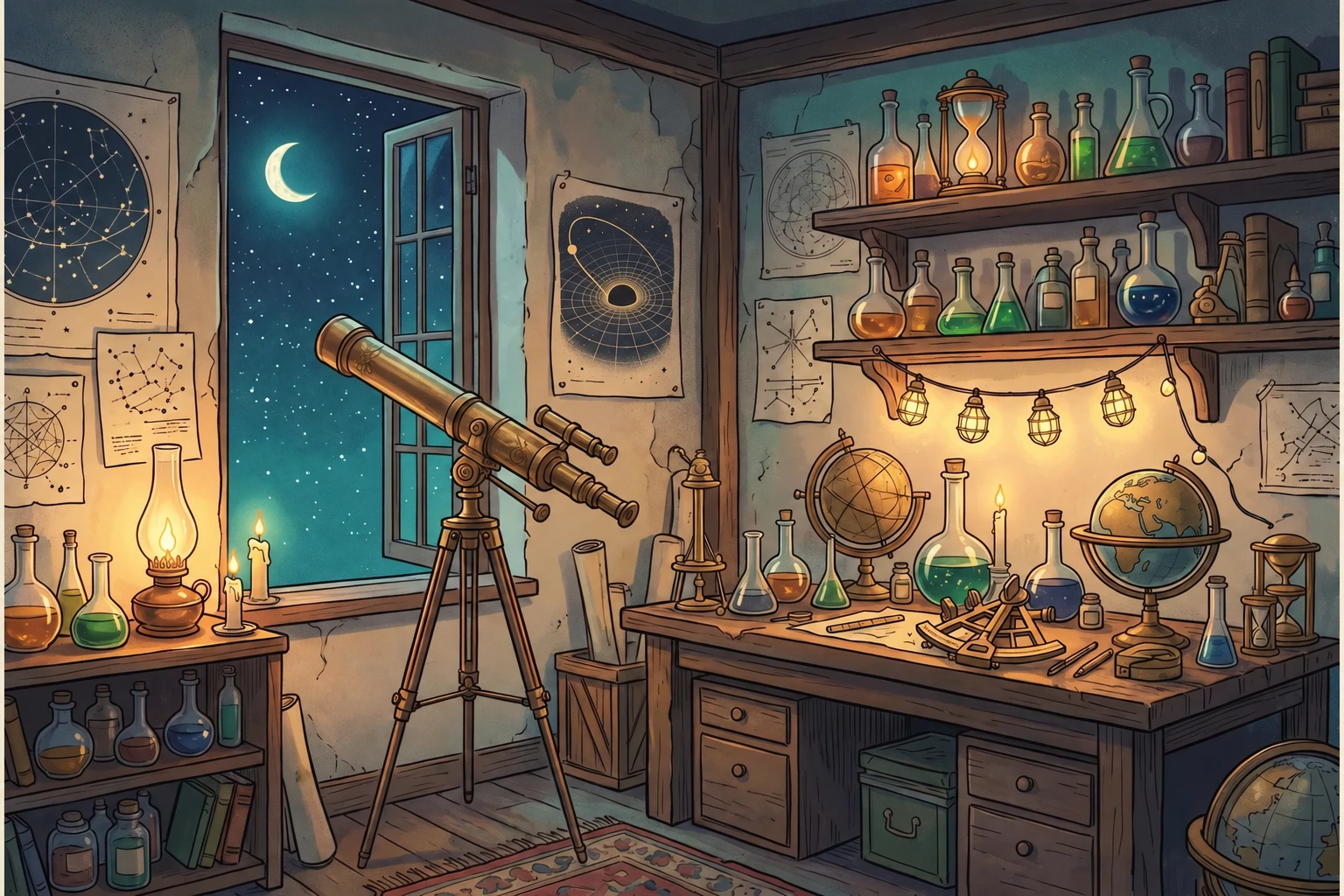 A warm lamplit workshop: telescope by an open window, star and gravity charts, bottles, lanterns and books.