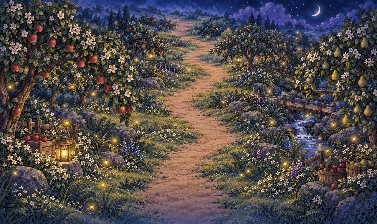 Moonlit apple and pear orchard with flowering boughs, lanterns and warm fireflies beside an open central trail