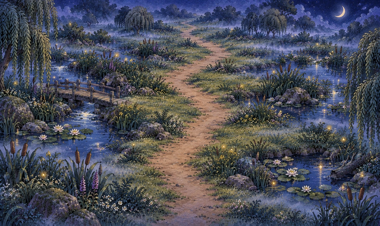 Willows, cattails and water lilies frame misty moonlit pools beside a grassy winding route