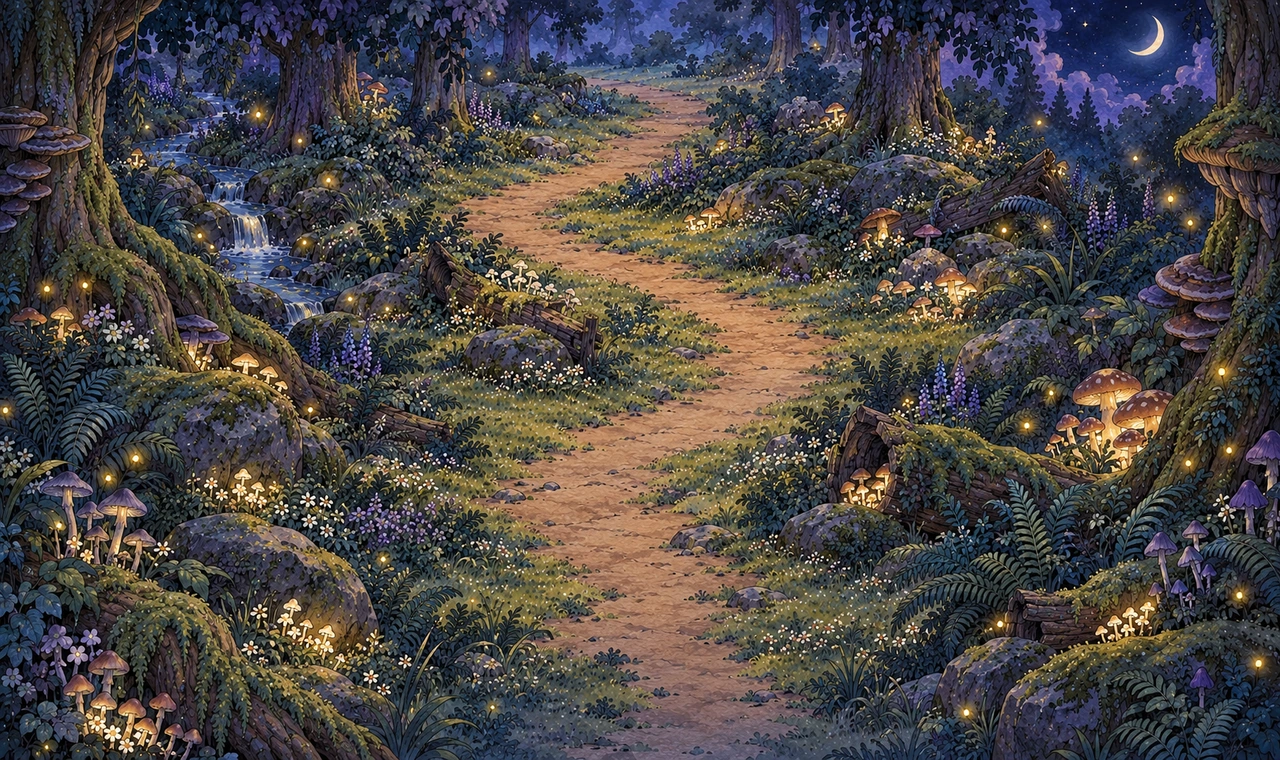 Friendly deep woodland with moss, ferns and glowing mushroom colonies beside a quiet forest trail