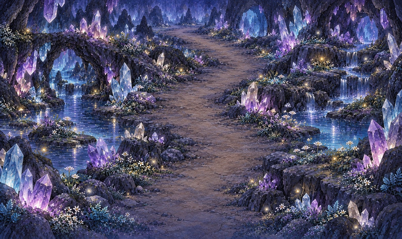 Faceted purple and blue mineral clusters light a genuine spacious rocky cavern garden around an open stone route