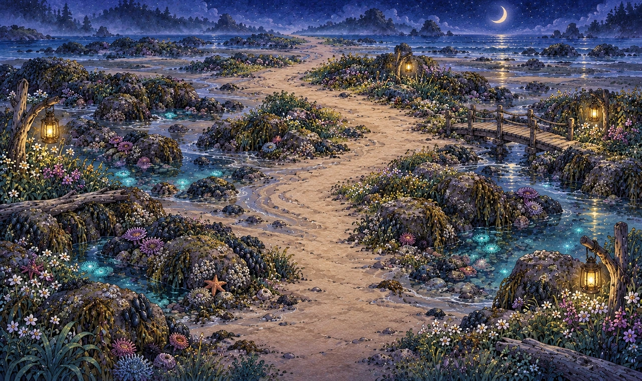 Low tide moonlit coast with lanterns, sea anemones and luminous tidepools around an exposed sandy route
