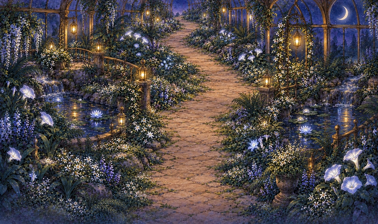 Arched glass celestial greenhouse with night flowers, reflecting pools and a quiet central aisle