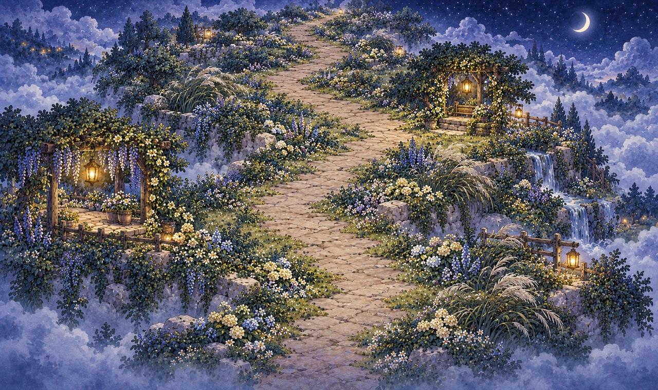 Flowering stone terraces and a winding walkway above broad moonlit cloud banks