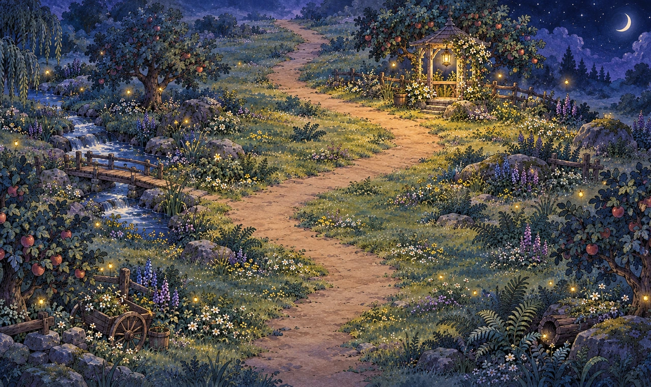 A painted moonlit orchard, stream, lantern pavilion and glowing fireflies